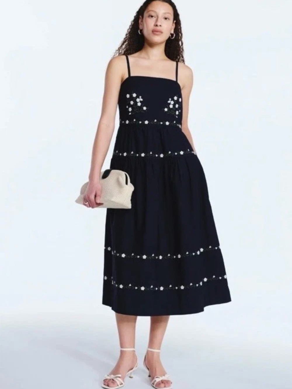 Black Floral Embroidered Spaghetti Strap Midi Dress